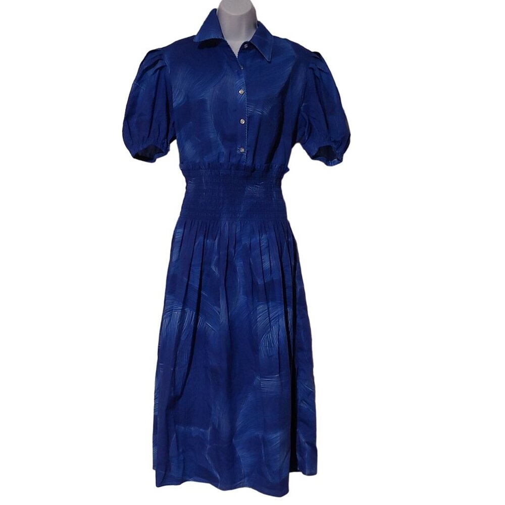 De Loreta Midi Blue Swirl Short Puff Sleeve Ruched Waist XL